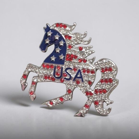 Jewelry - USA Patriotic Horse Brooch Pin, Fourth of July Jewelry, American Flag Lapel Pin